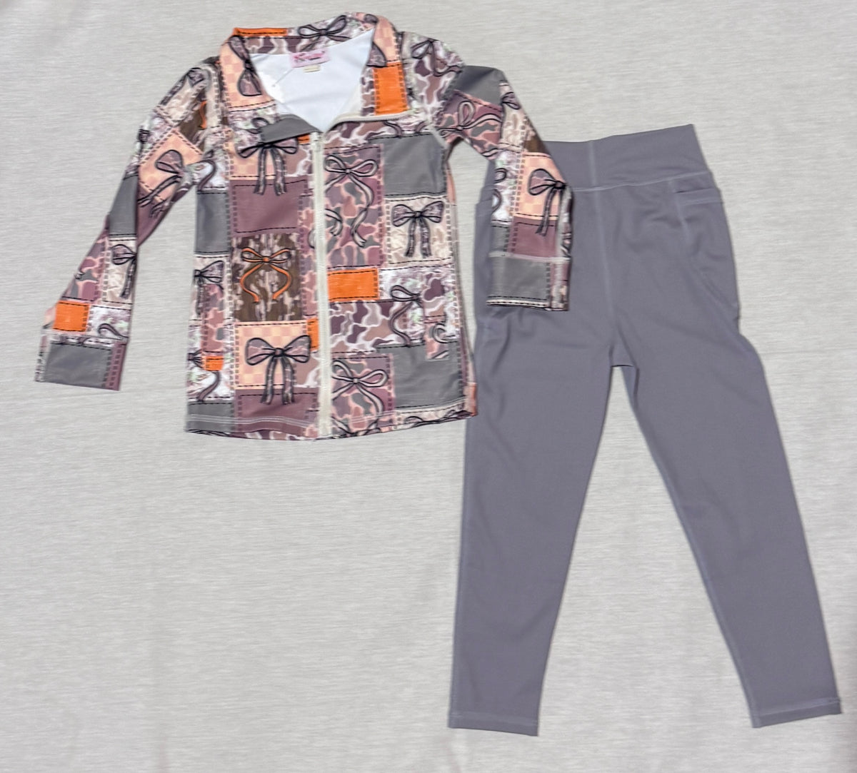 Girls Orange & Gray Camo Bow Jacket and Leggings Set