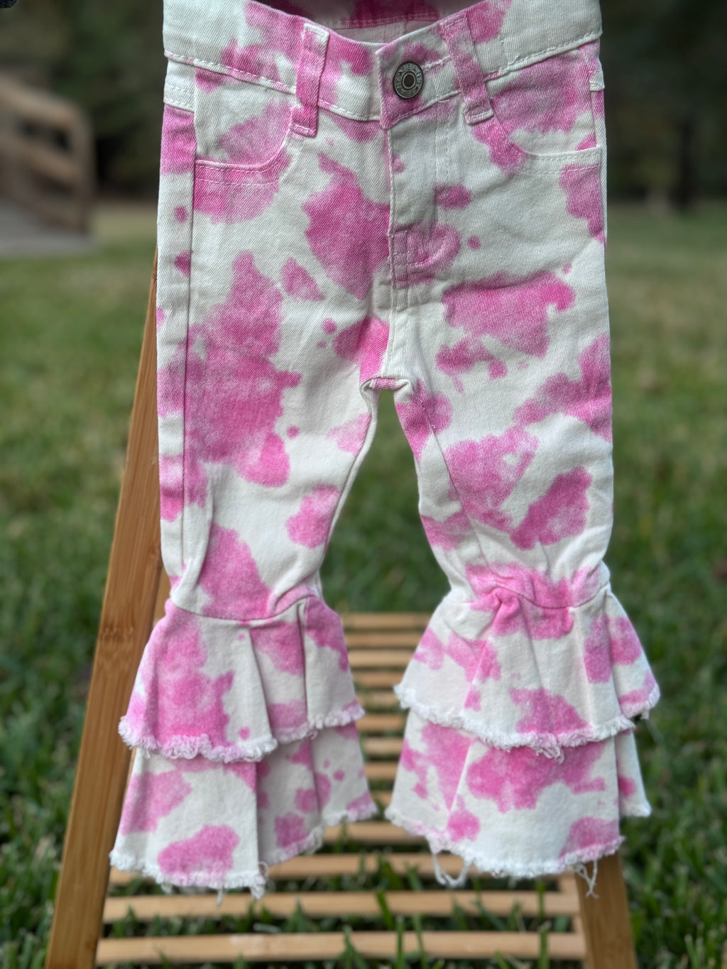 Girls Pink Cow Print Double Ruffle Bell Bottom Jeans