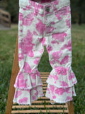 Girls Pink Cow Print Double Ruffle Bell Bottom Jeans