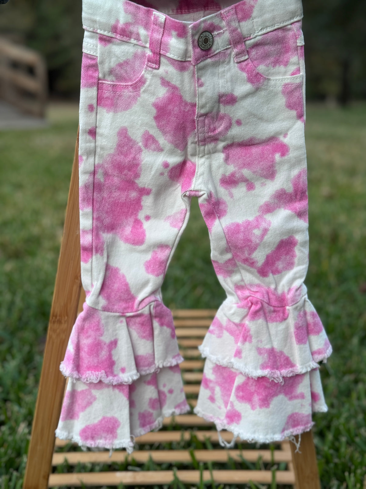 Girls Pink Cow Print Double Ruffle Bell Bottom Jeans