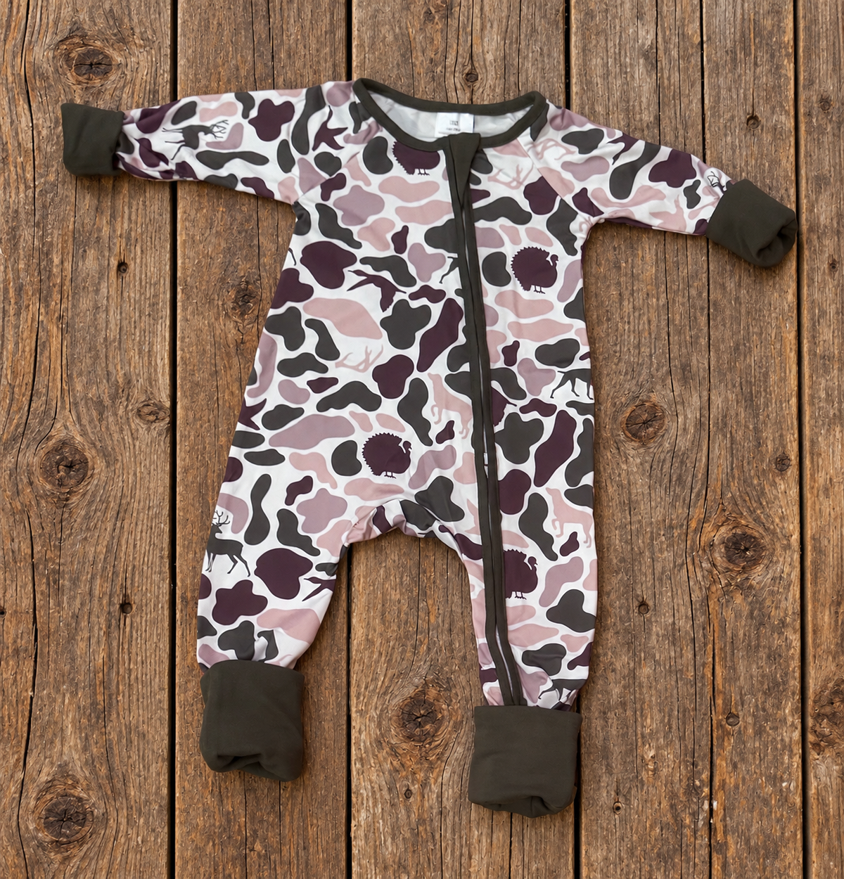 Boys Tan, Brown & Green Turkey Camo Zip-Up Sleeper