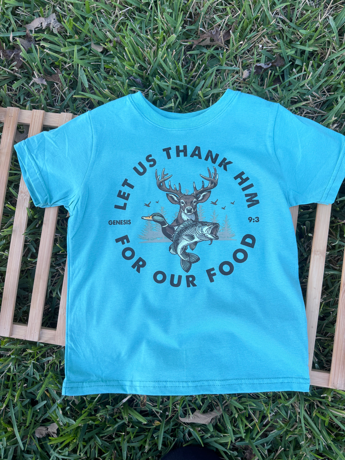 Boys Let Us Thank Him Hunting & Fishing Graphic Tee –