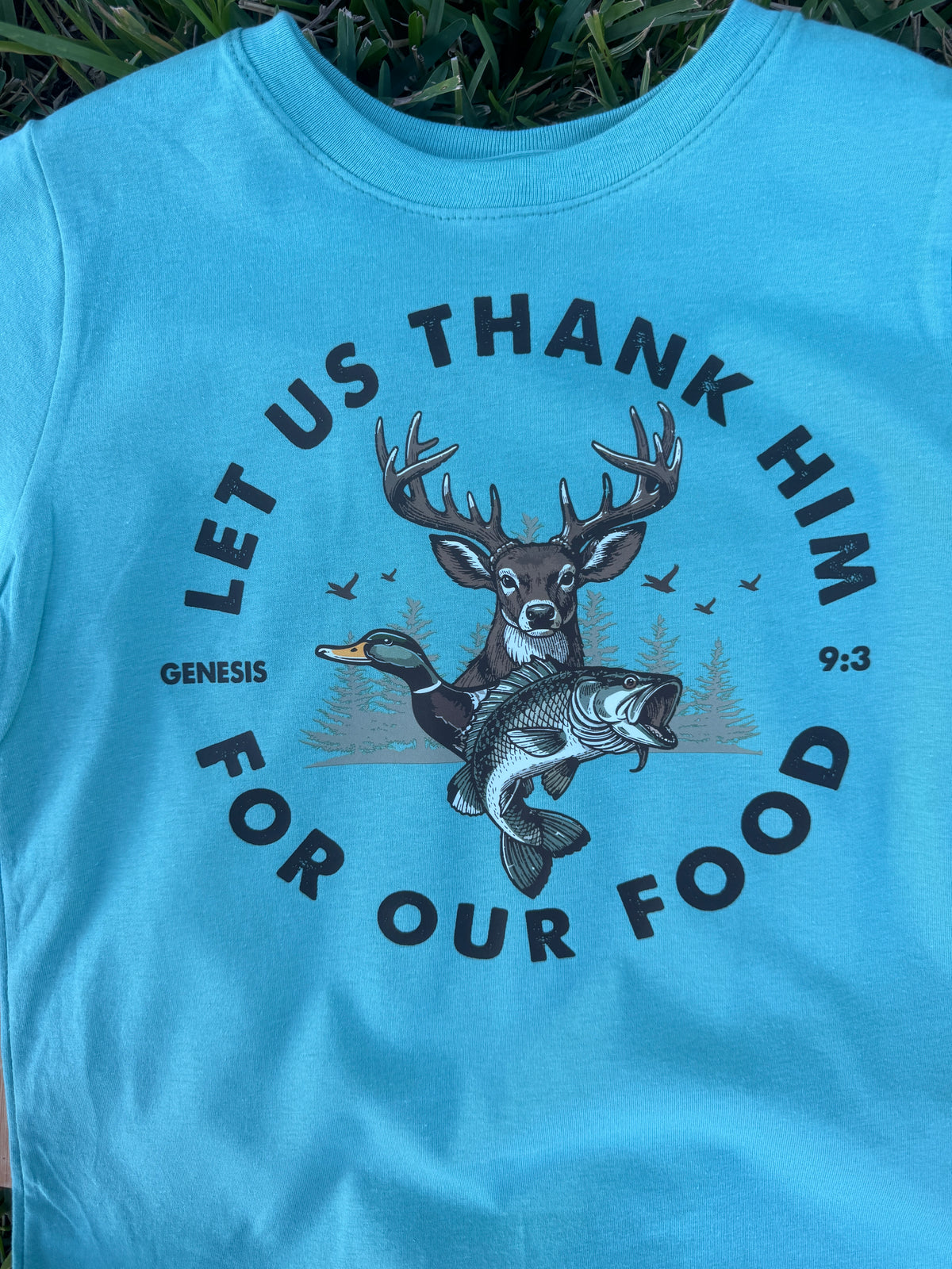 Boys Let Us Thank Him Hunting & Fishing Graphic Tee –