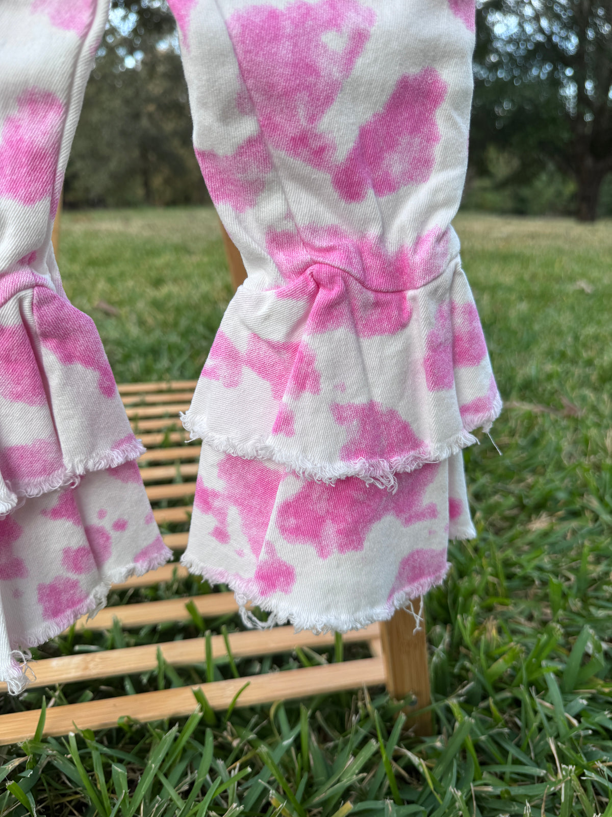 Girls Pink Cow Print Double Ruffle Bell Bottom Jeans