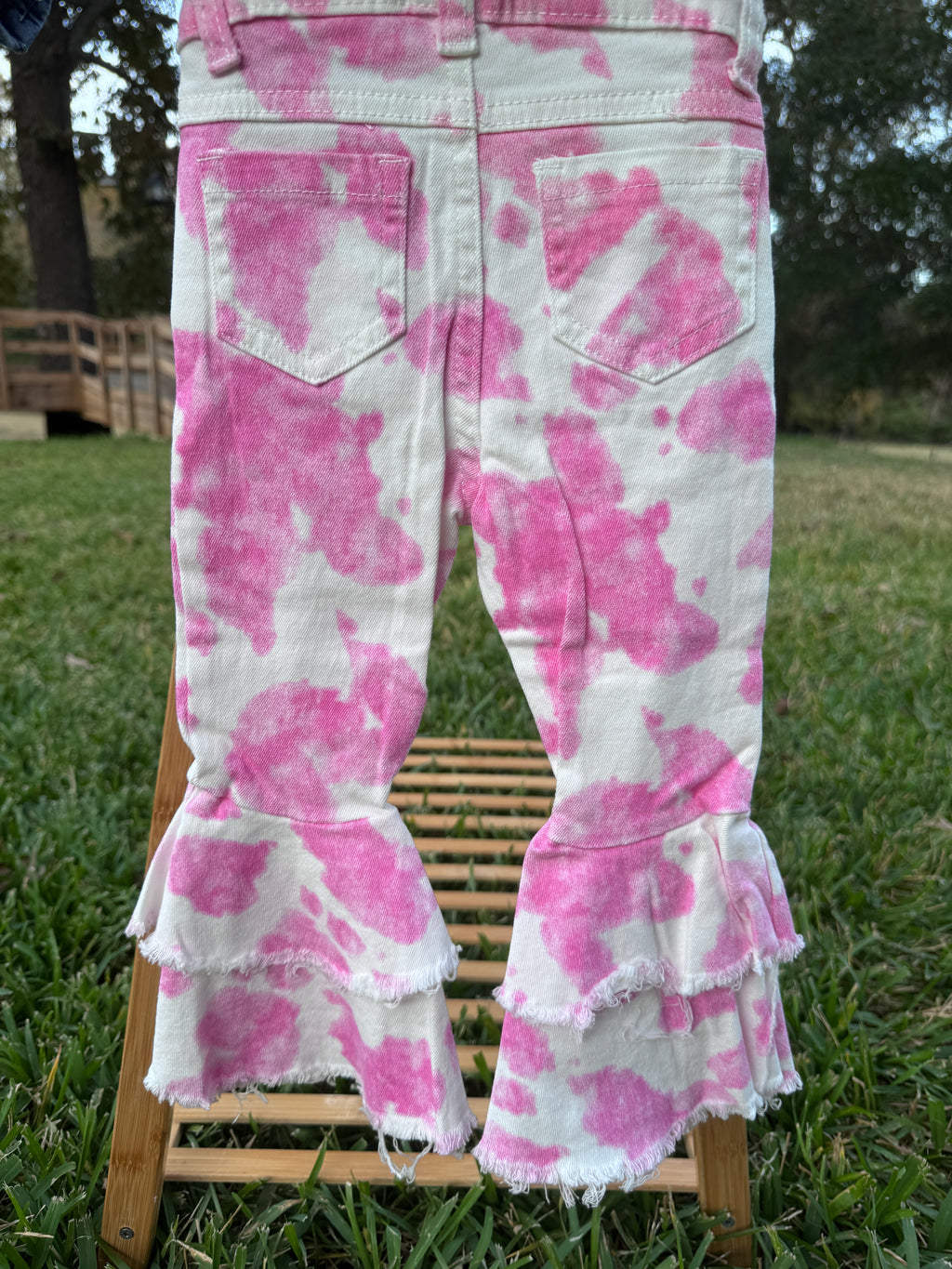 Girls Pink Cow Print Double Ruffle Bell Bottom Jeans