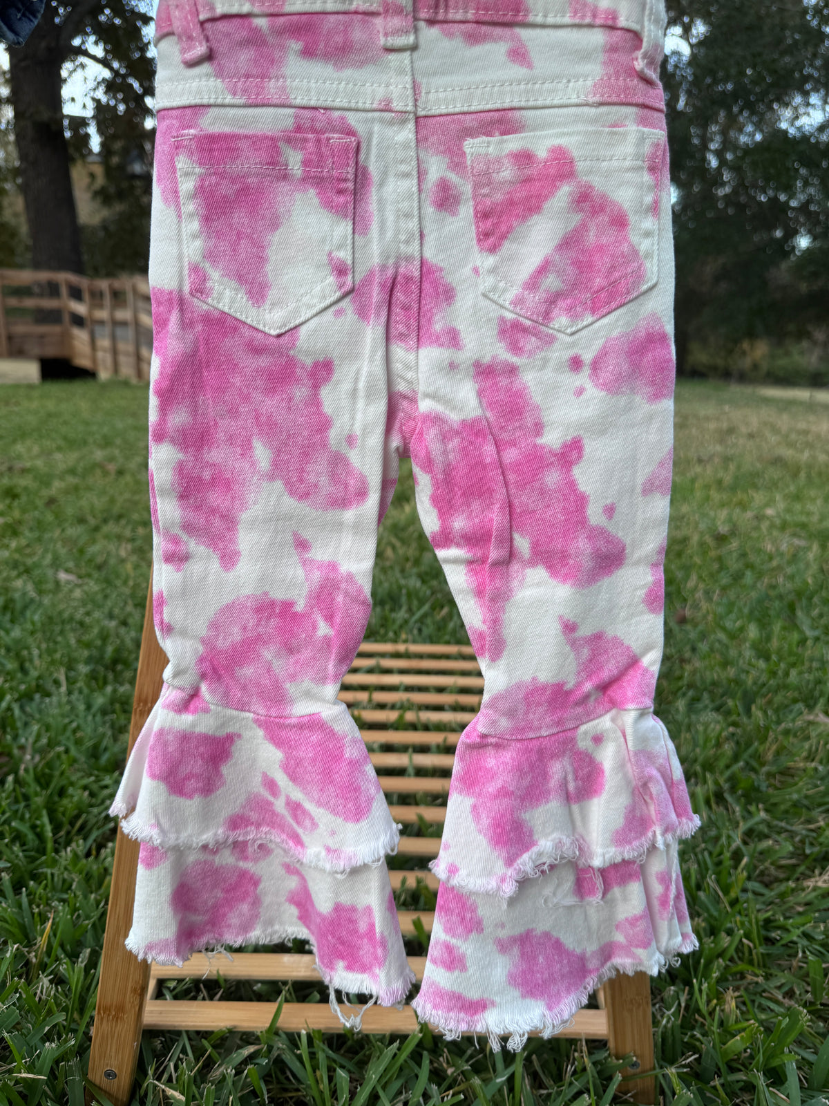 Girls Pink Cow Print Double Ruffle Bell Bottom Jeans