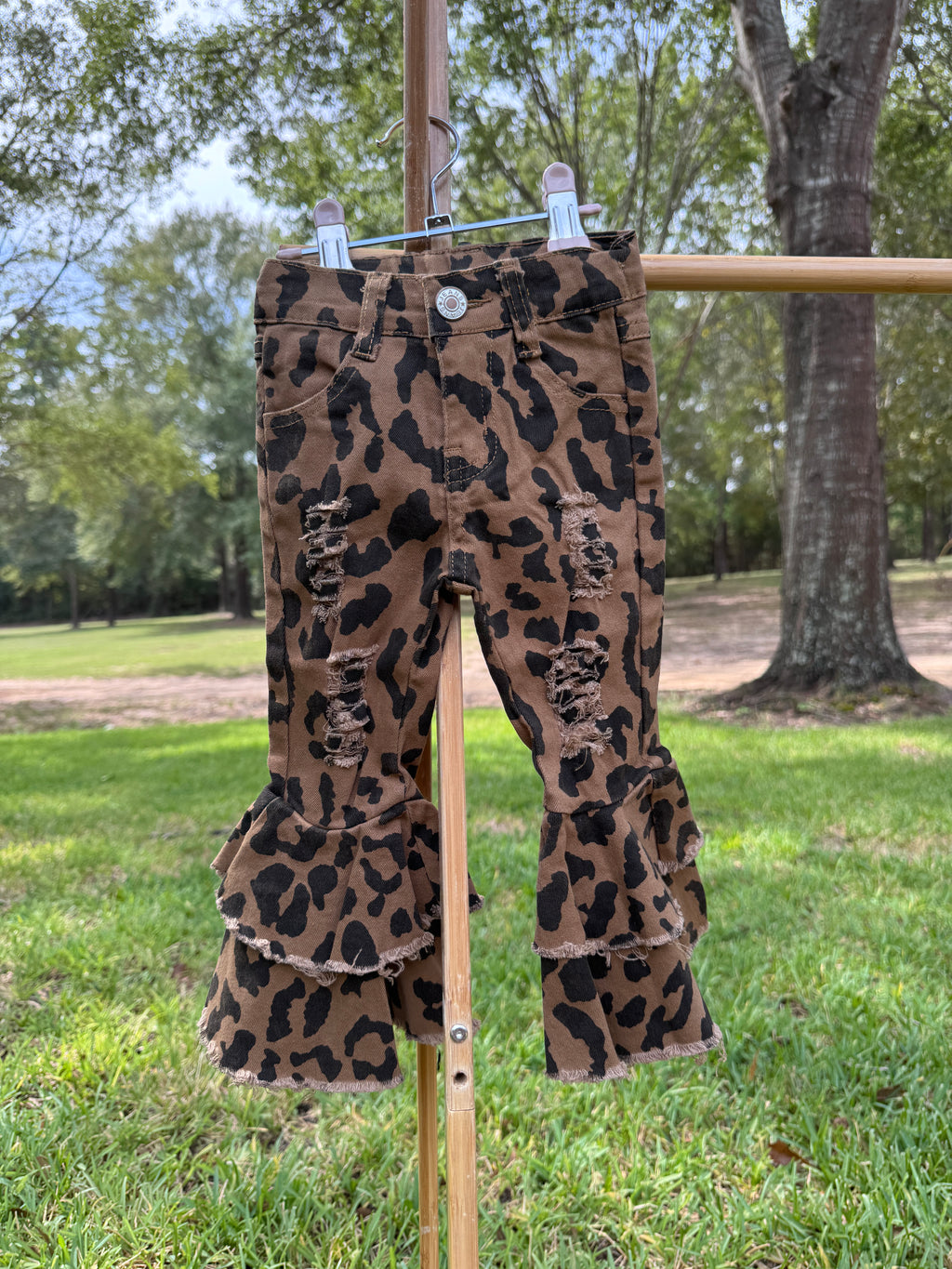 Distressed Leopard Ruffle Bell Bottom Jeans