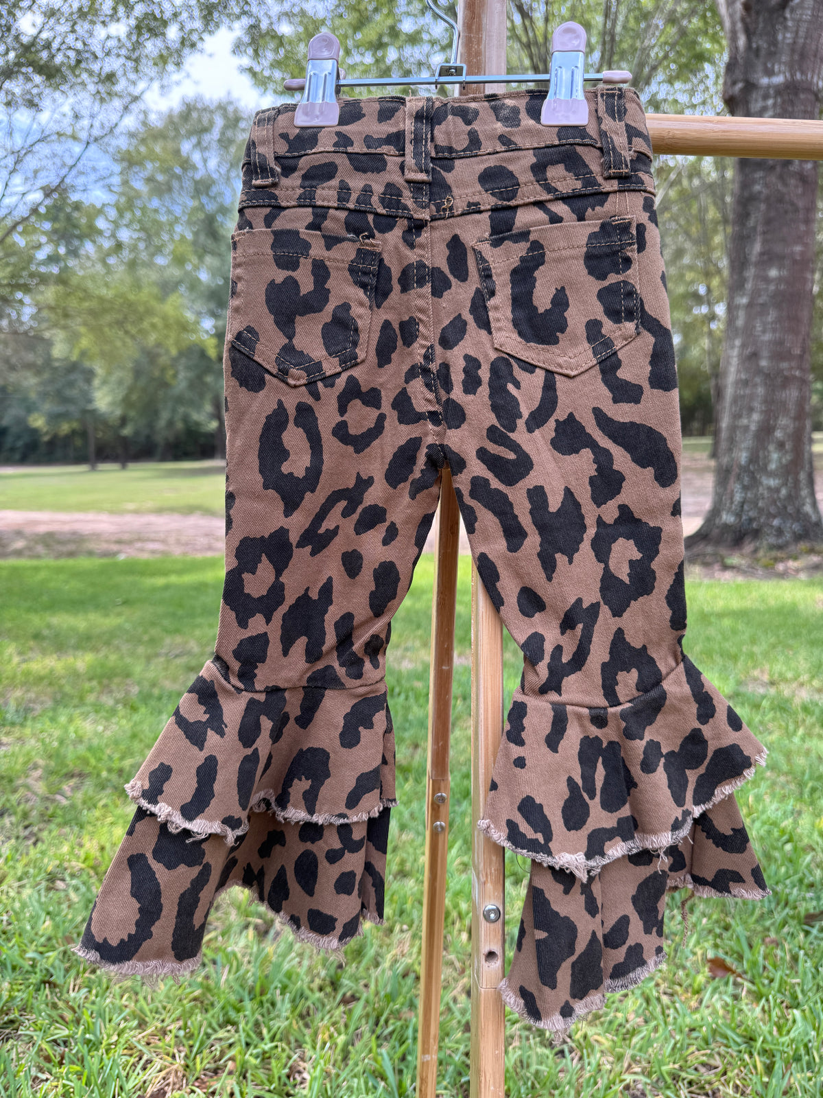 Distressed Leopard Ruffle Bell Bottom Jeans