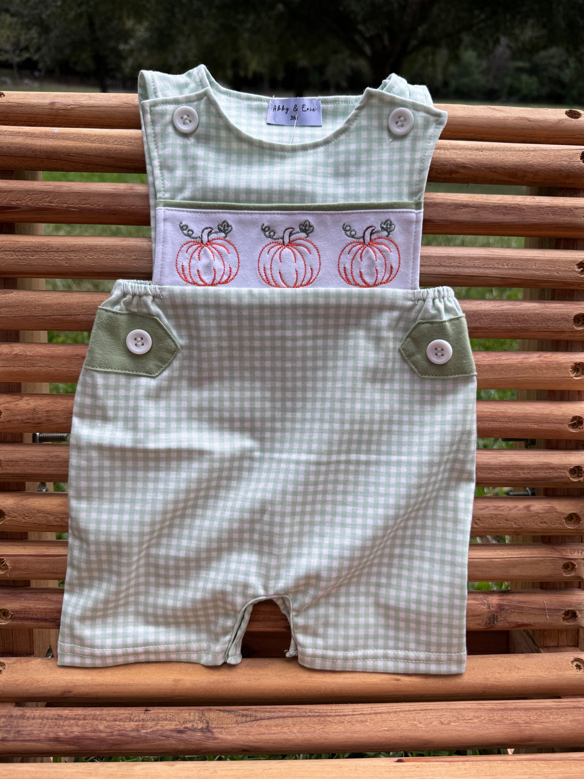 Sage Gingham Pumpkin Embroidered Romper