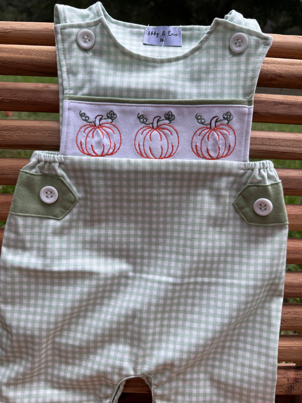Sage Gingham Pumpkin Embroidered Romper