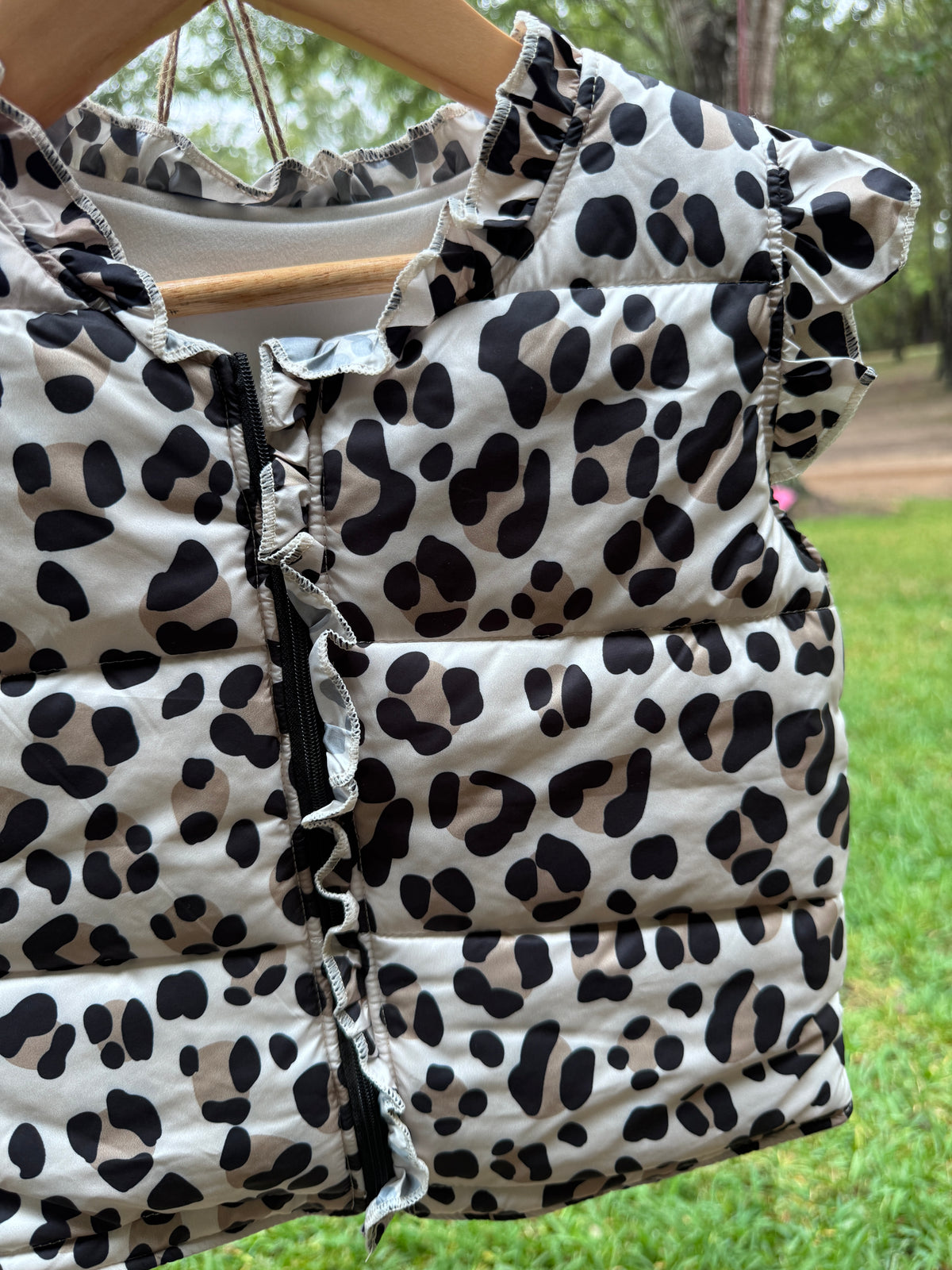 Girls Leopard Ruffle Puffer Vest