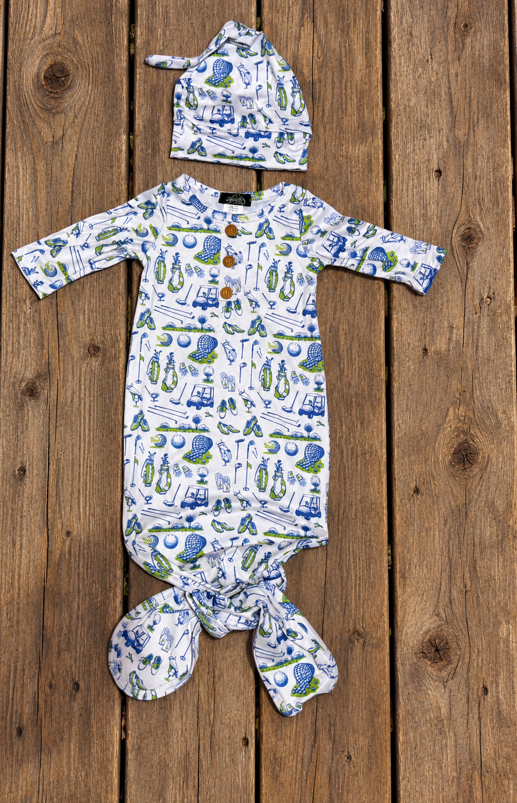 Baby Boy Golf Print Knotted Gown & Hat Set