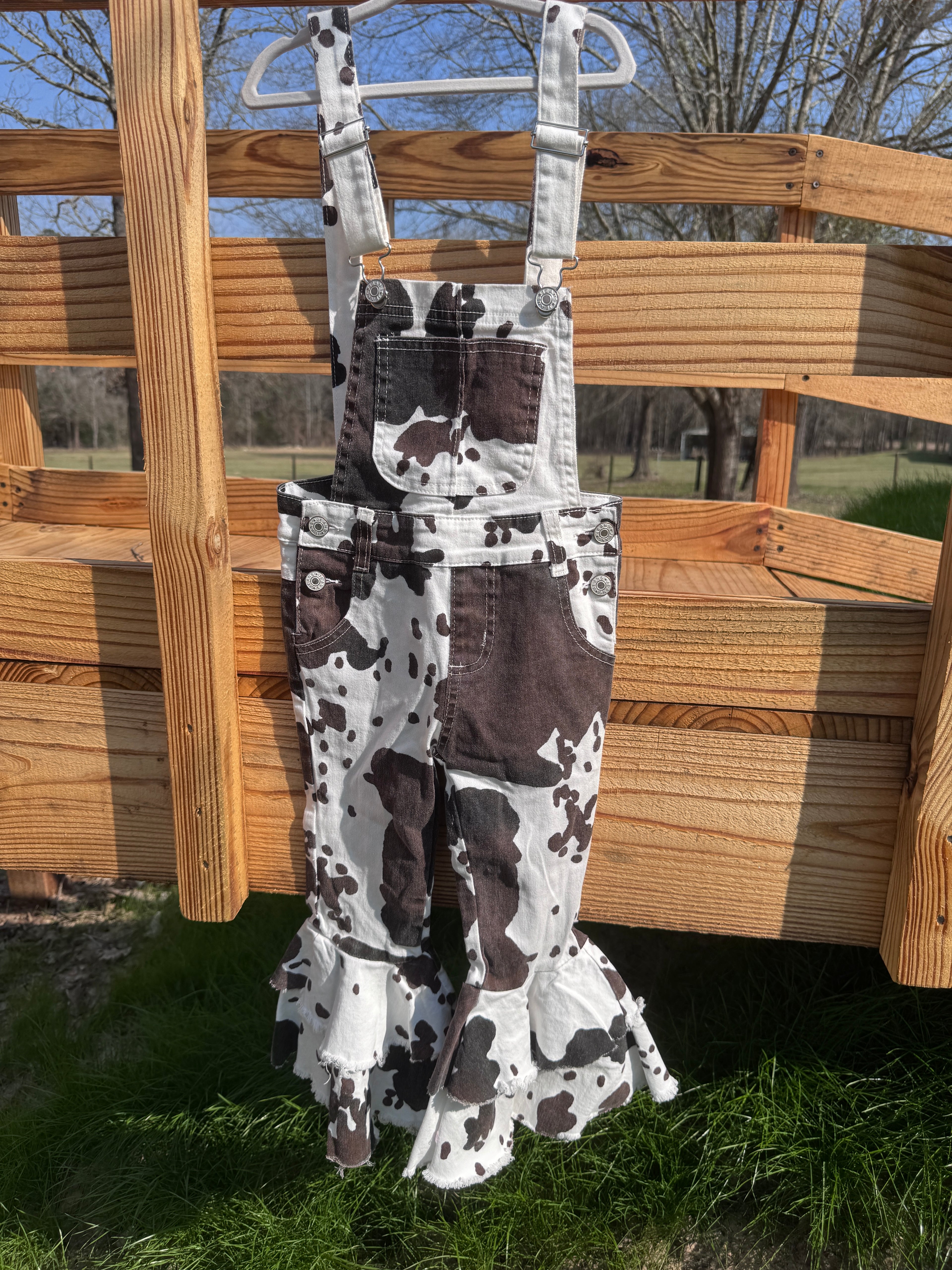 Wild West Cow Print Ruffle Bell Overalls