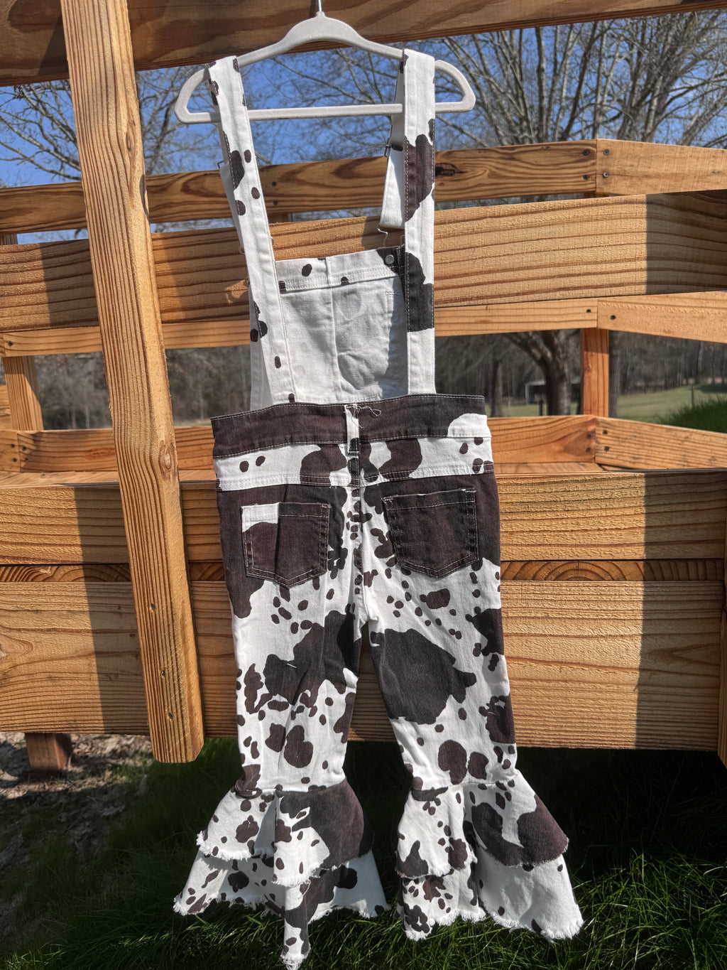 Wild West Cow Print Ruffle Bell Overalls