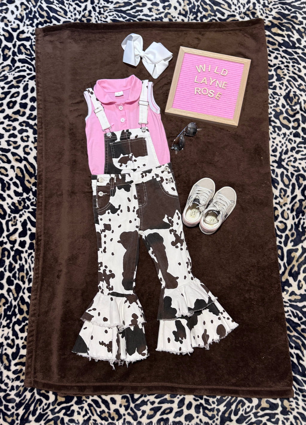 Wild West Cow Print Ruffle Bell Overalls