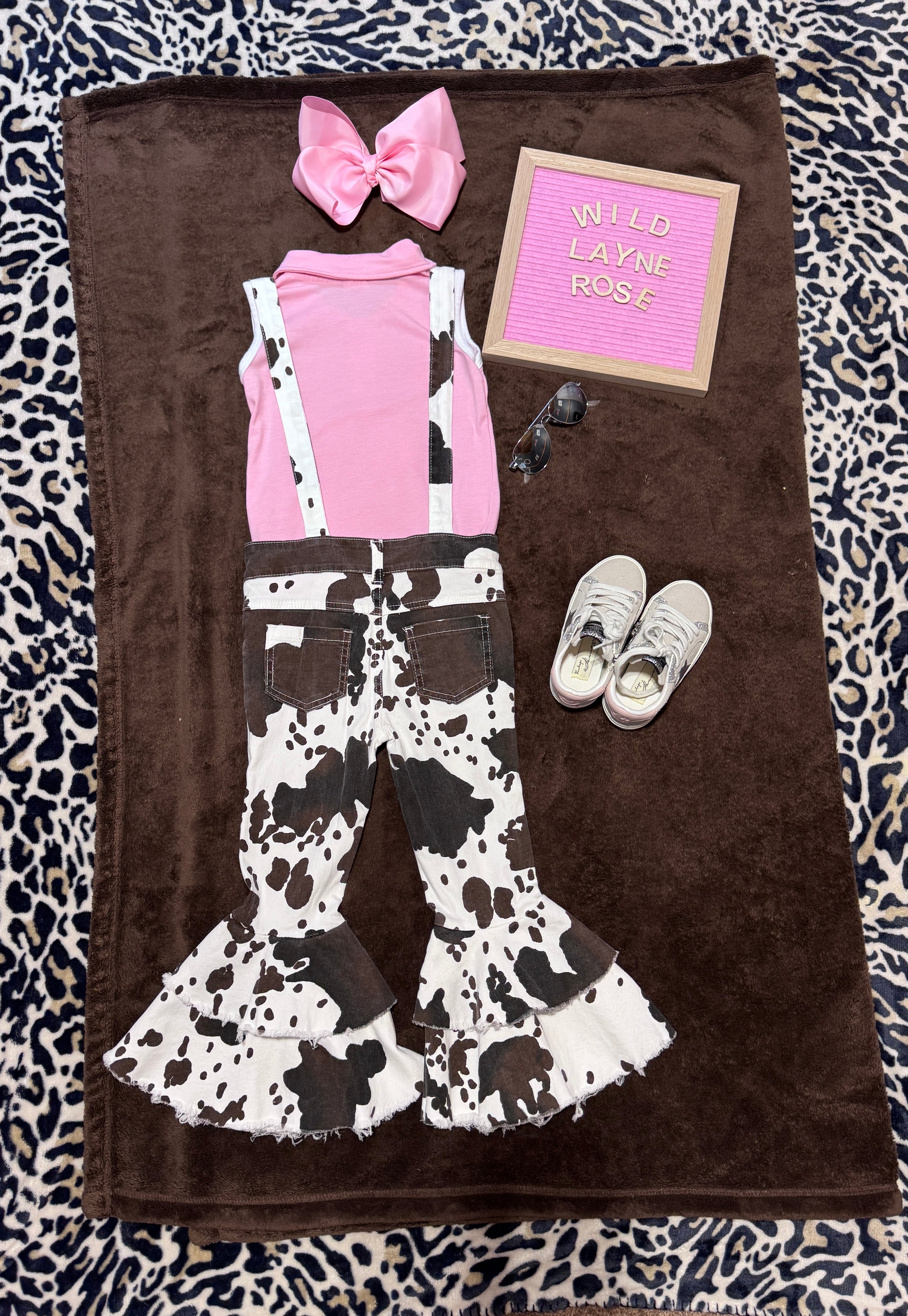 Wild West Cow Print Ruffle Bell Overalls