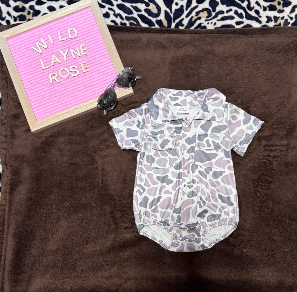 Camo Printed Baby Bubble Romper with Pocket