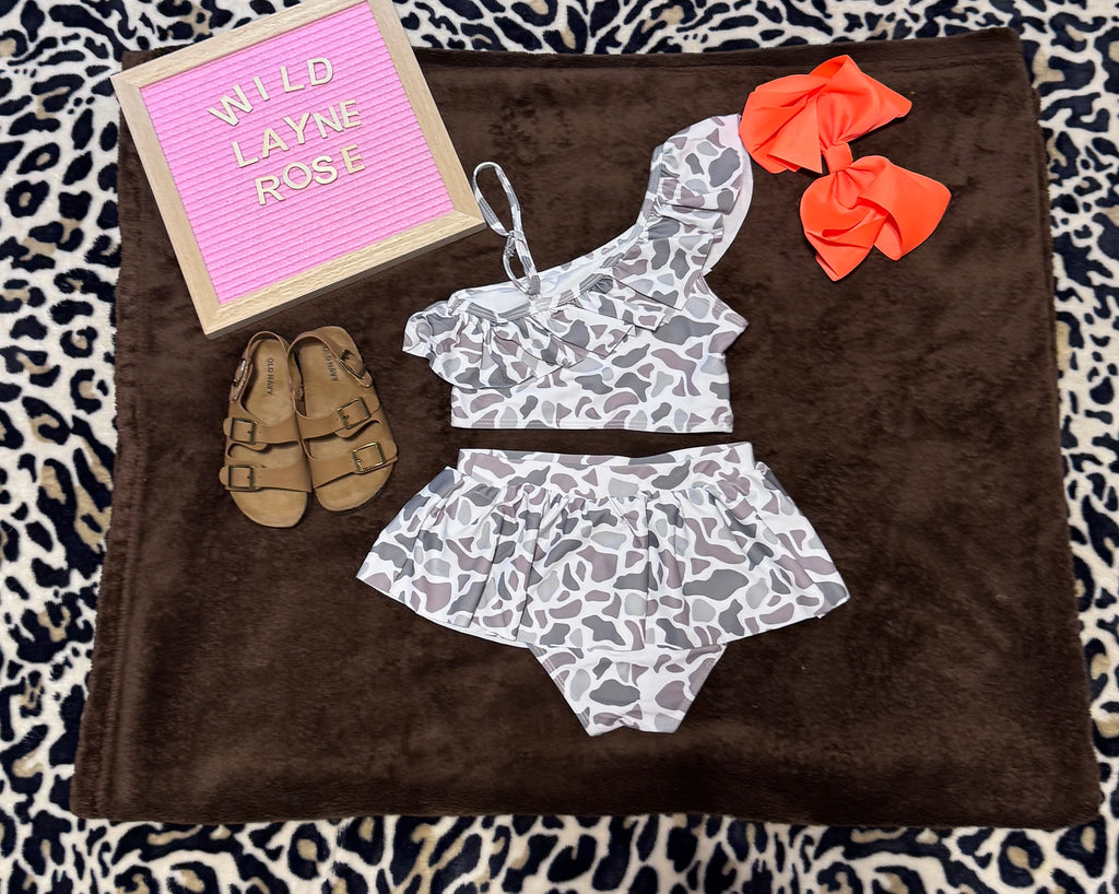 Wild & Sweet Camo Ruffle Swimsuit