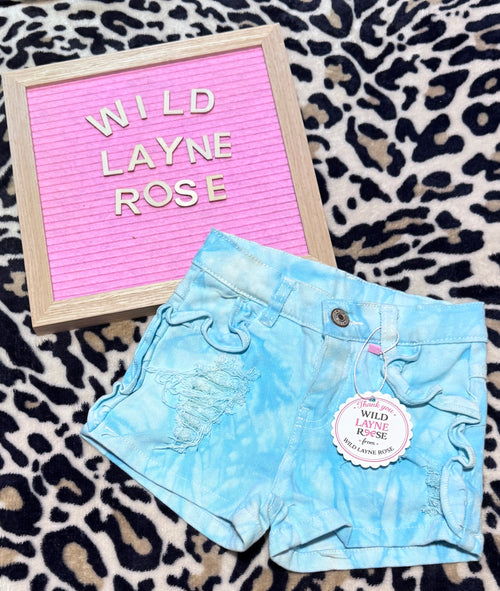 Aqua Ruffle Distressed Denim Shorts