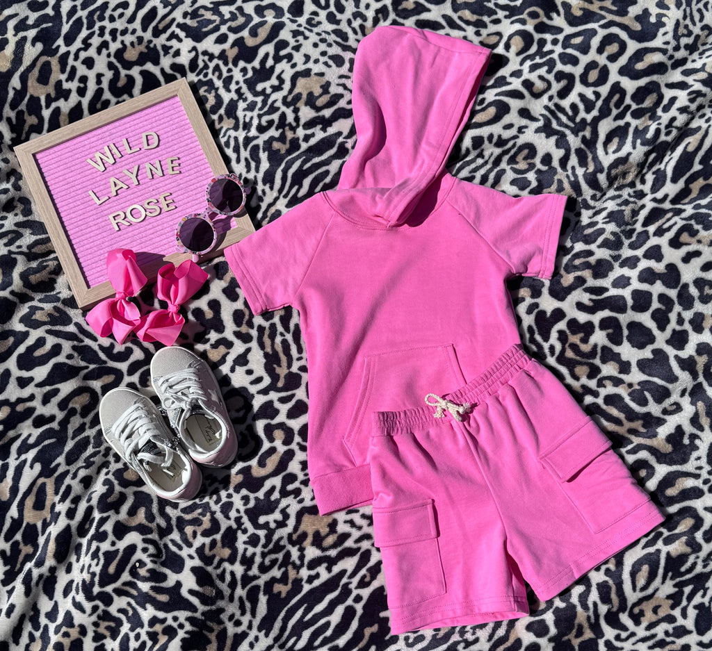 Terry Cargo Shorts Set-Pink