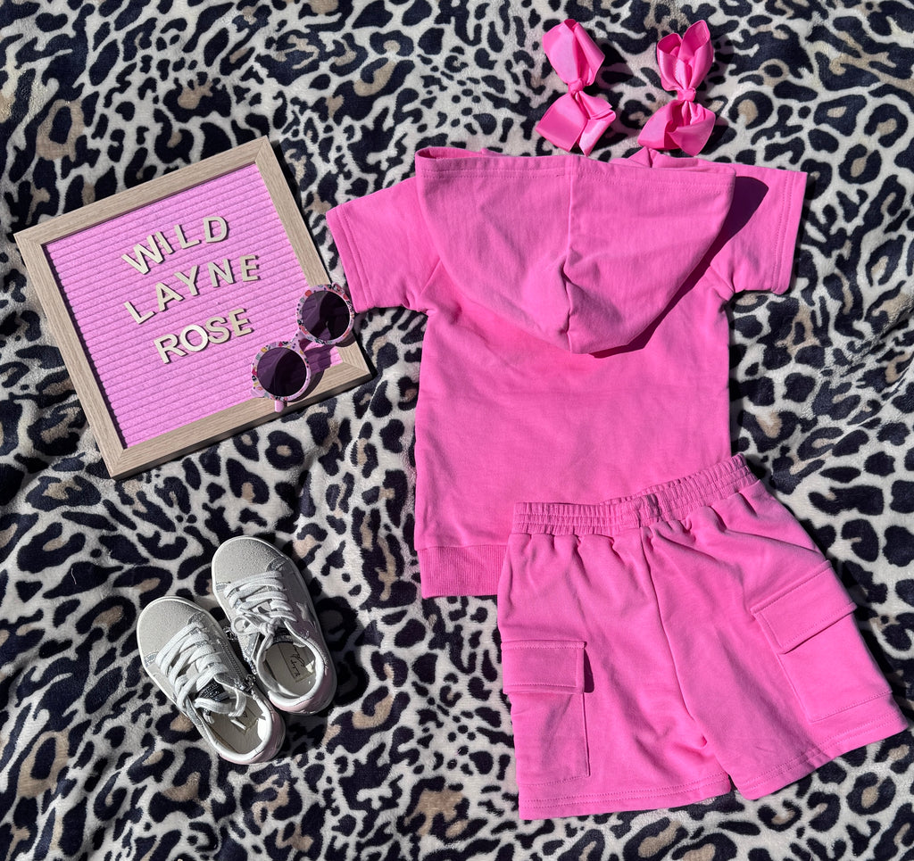 Terry Cargo Shorts Set-Pink