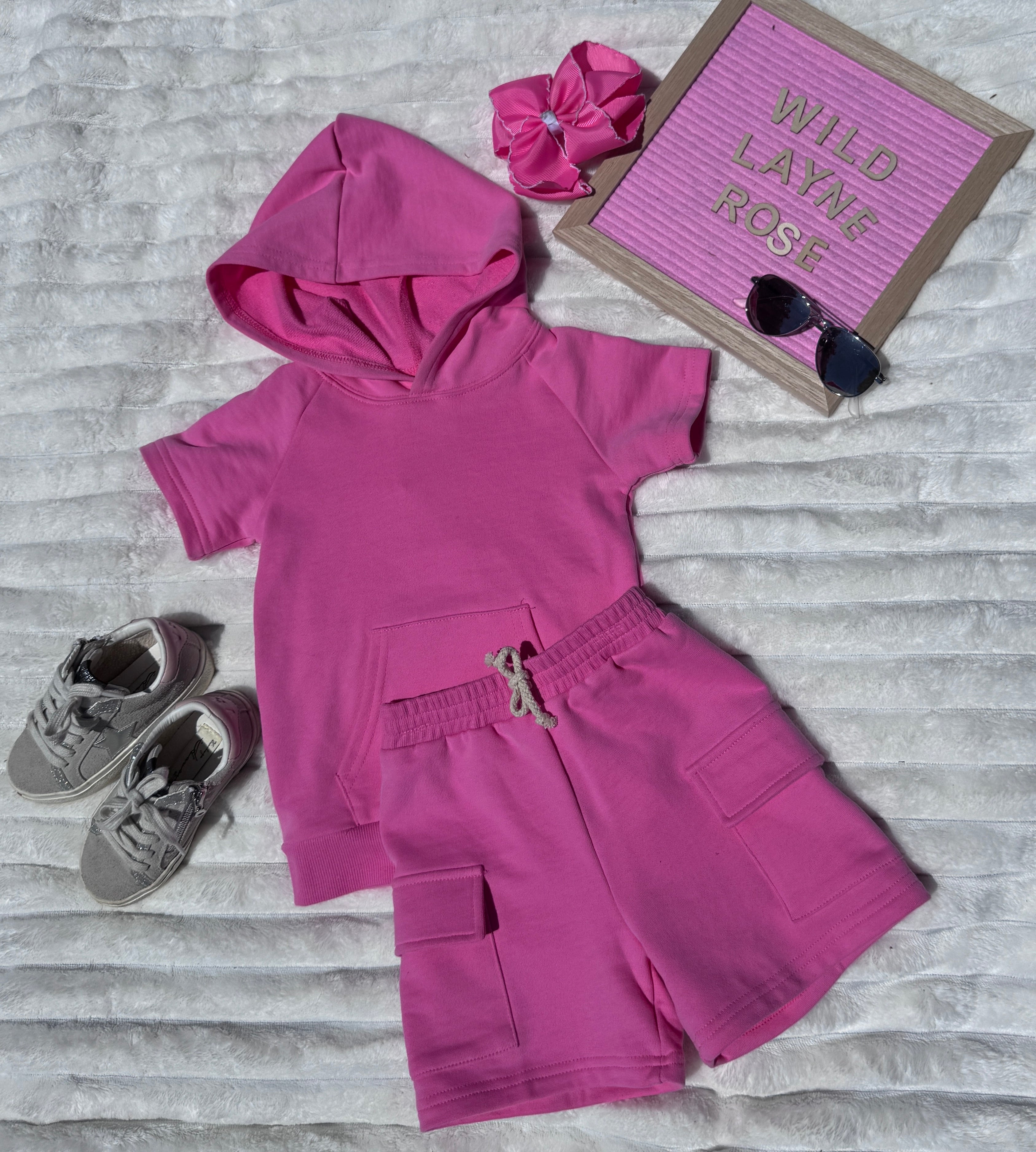 Terry Cargo Shorts Set-Pink