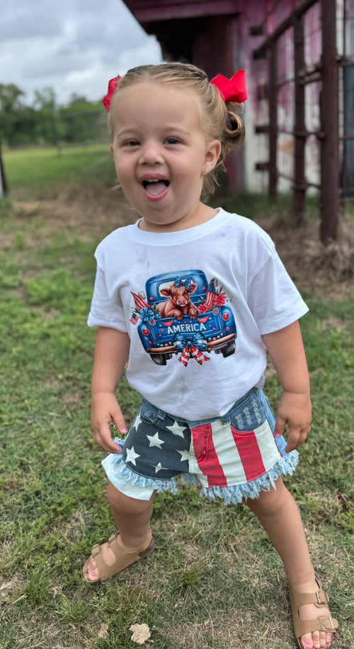 America Cow Graphic Tee—Patriotic Toddler Shirt
