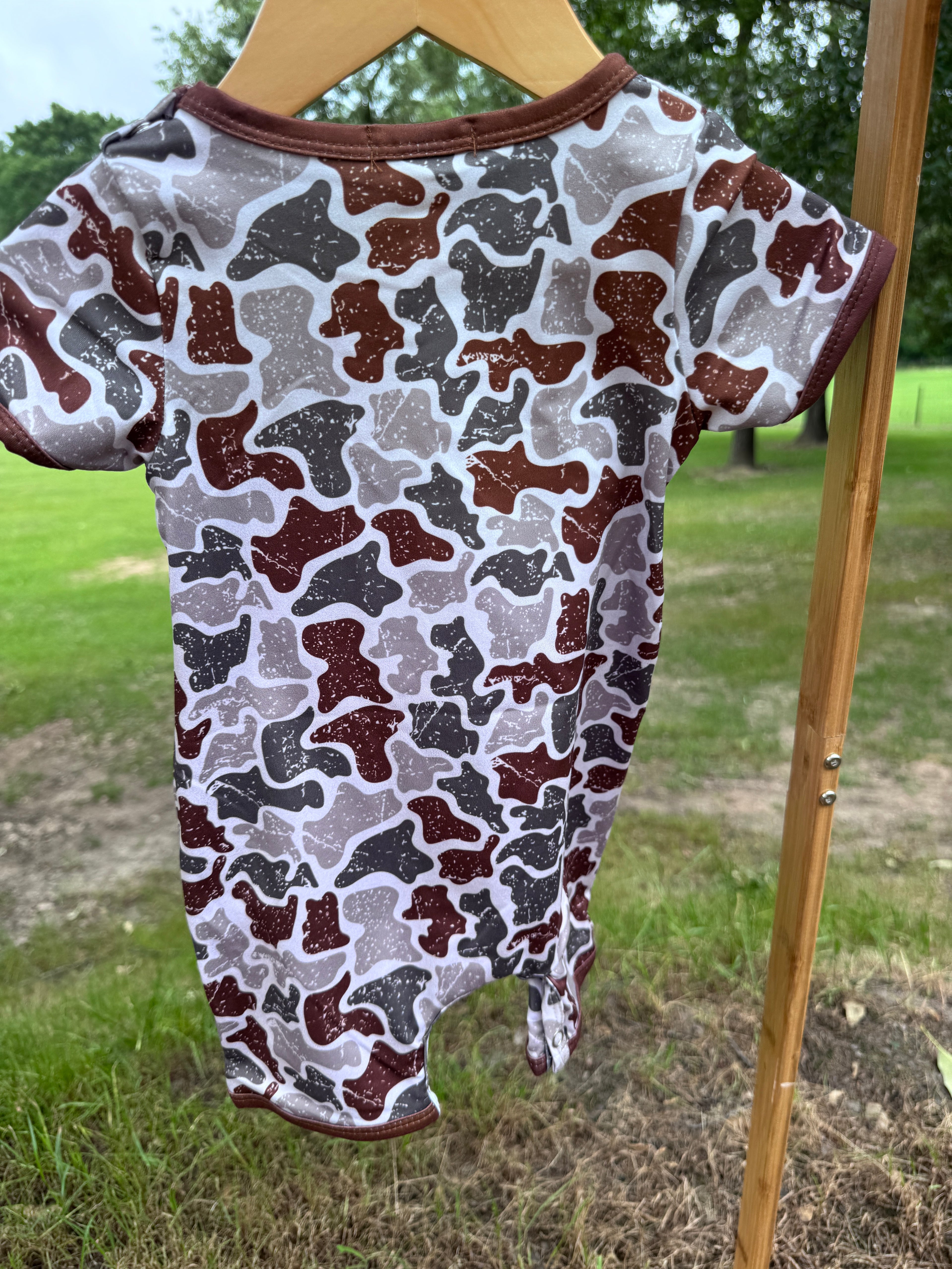 Distressed Camo Bamboo Baby Romper ✨🤎