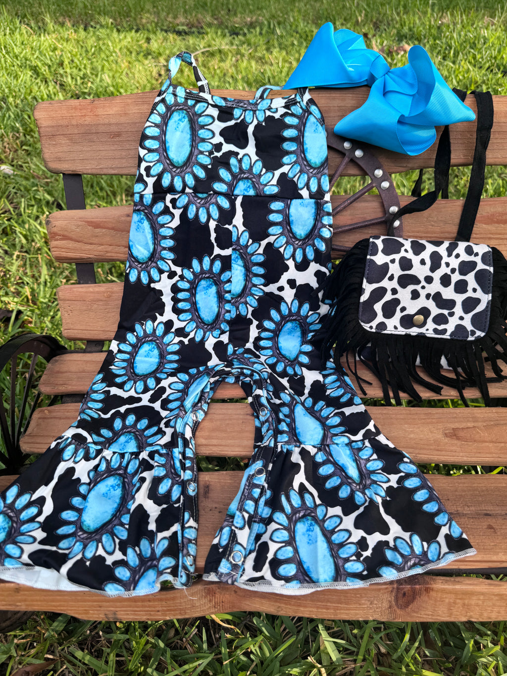 Turquoise Cow Print Bell Romper