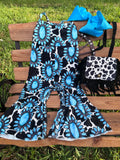 Turquoise Cow Print Bell Romper