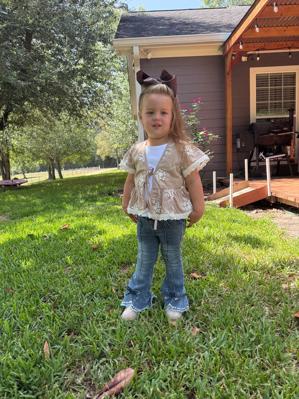 Pearl Bow Bell Bottom Jeans