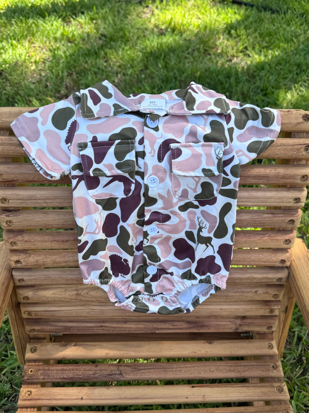 Little Hunter Camo Button- Up Bubble Romper