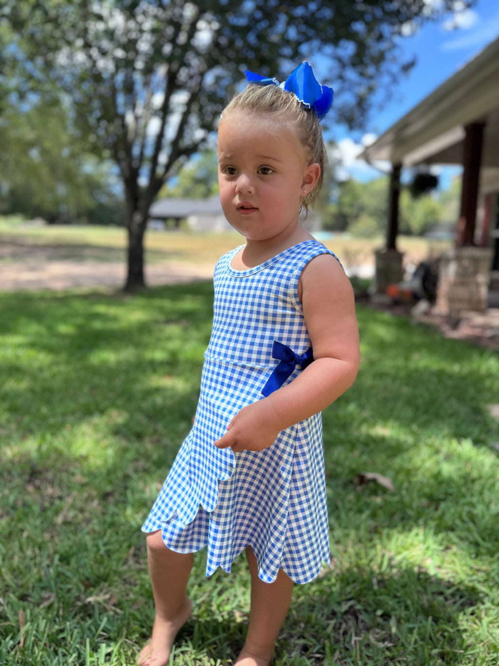 Girls Blue Gingham Bow Dress