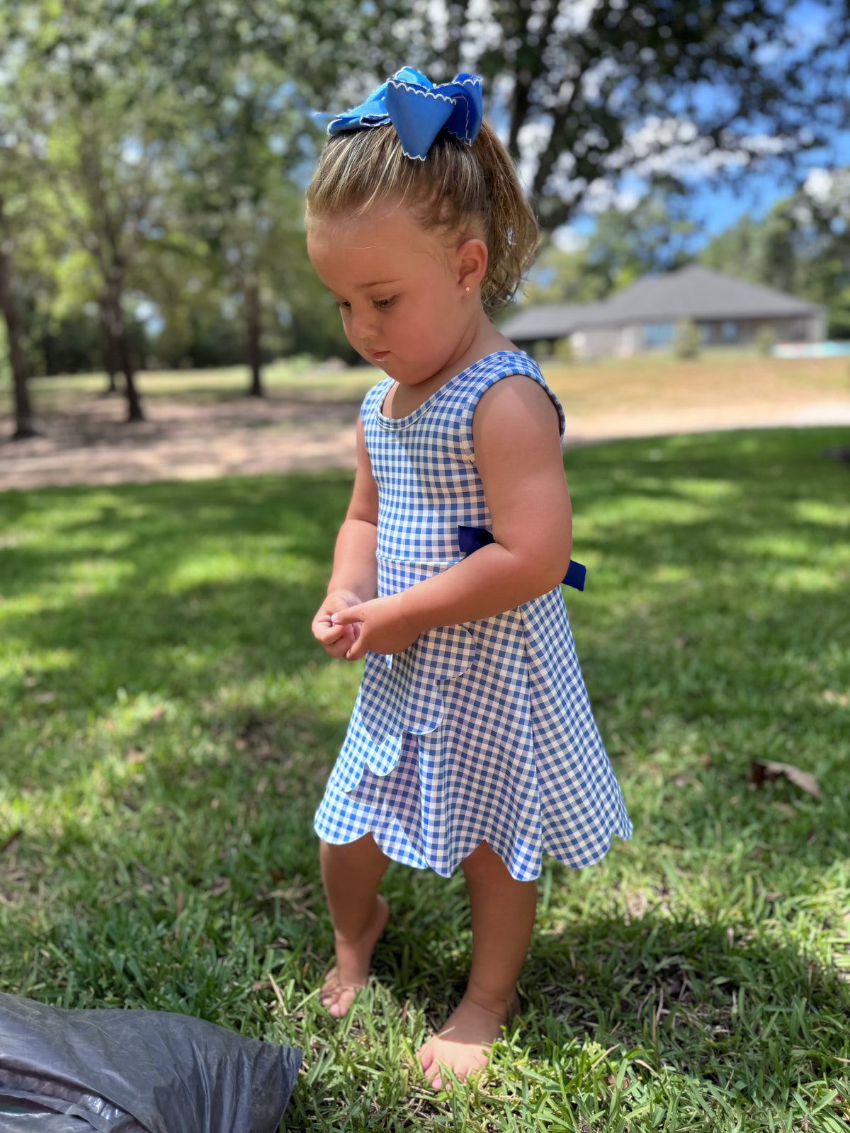 Girls Blue Gingham Bow Dress
