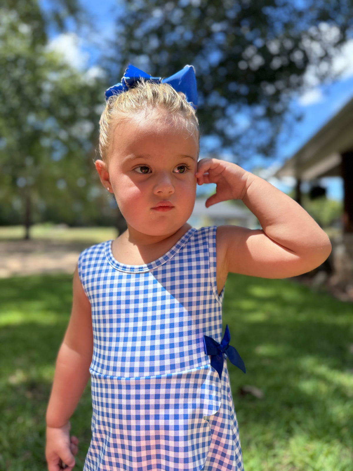 Girls Blue Gingham Bow Dress