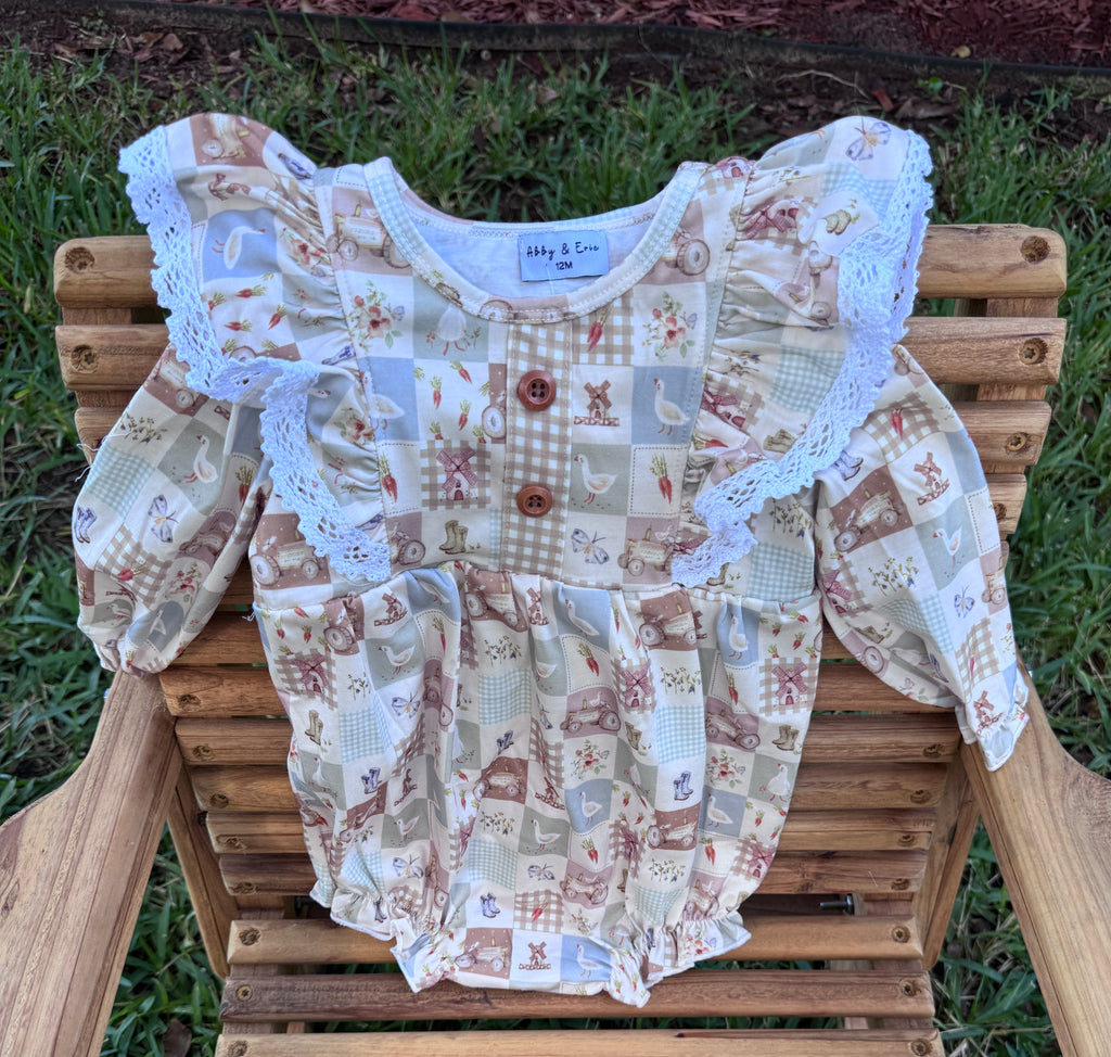 Girls Vintage Farm Patchwork Ruffle Bubble