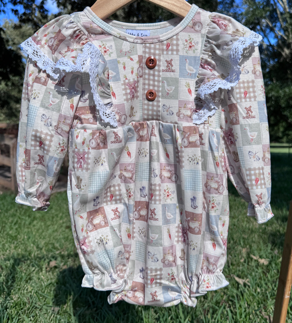 Girls Vintage Farm Patchwork Ruffle Bubble