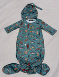 Baby Fishing Print Knotted Gown & Hat Set – Teal